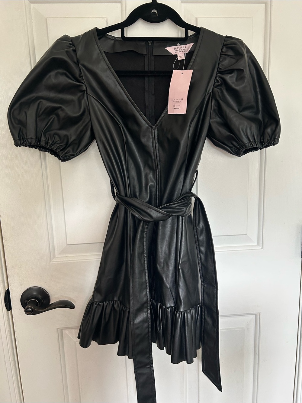 NWT Petite Studio Black Faux Leather V-Neck Puff Sleeve Mini Dress
